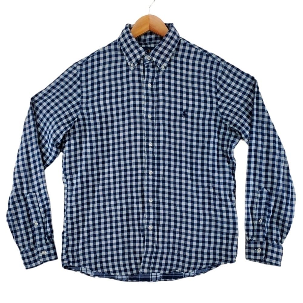 Ralph Lauren Shirt Mens M Blue Gray Gingham Check Button Down Classic Fit Cotton